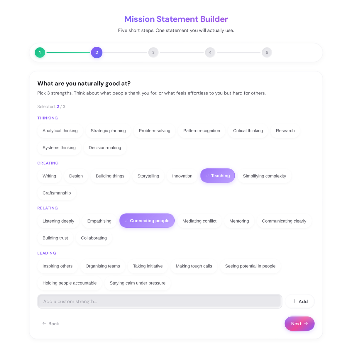 Personal mission statement builder step 2 showing the strengths selection interface with options across four categories: Thinking, Creating, Relating, and Leading