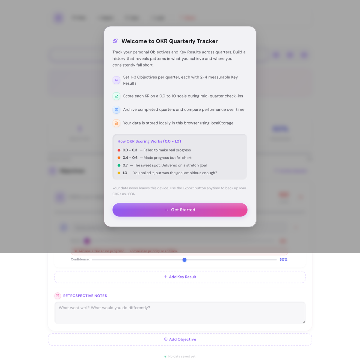 Personal OKR Quarterly Tracker - Multi-Quarter Progress with Historical Insights 2 Mid-quarter check-in screen showing 0.0 to 1.0 progress sliders for each key result alongside separate confidence level inputs