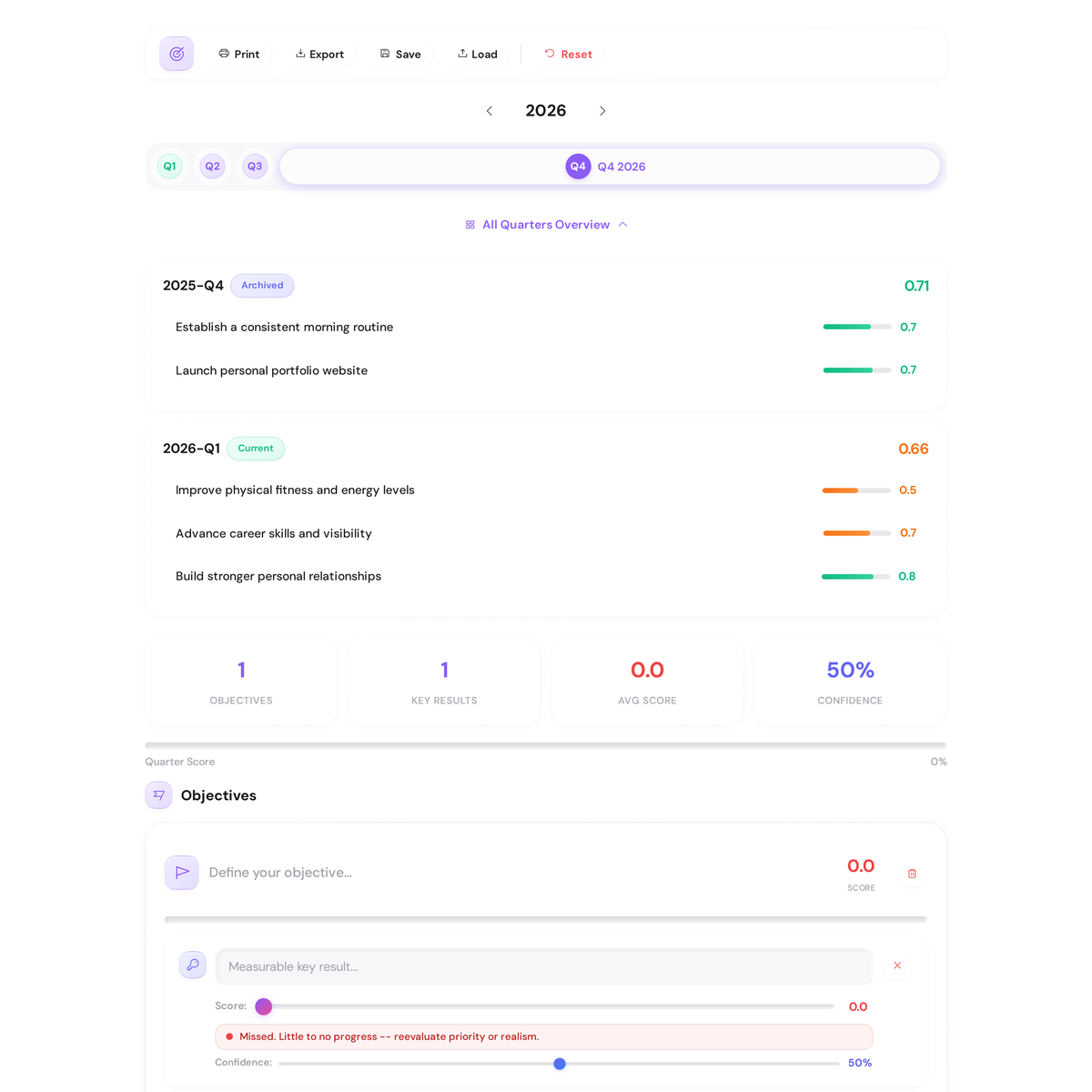 Personal OKR Quarterly Tracker - Multi-Quarter Progress with Historical Insights 4 End-of-quarter retrospective screen with guided prompts asking what went well, what was harder than expected, and what to carry forward
