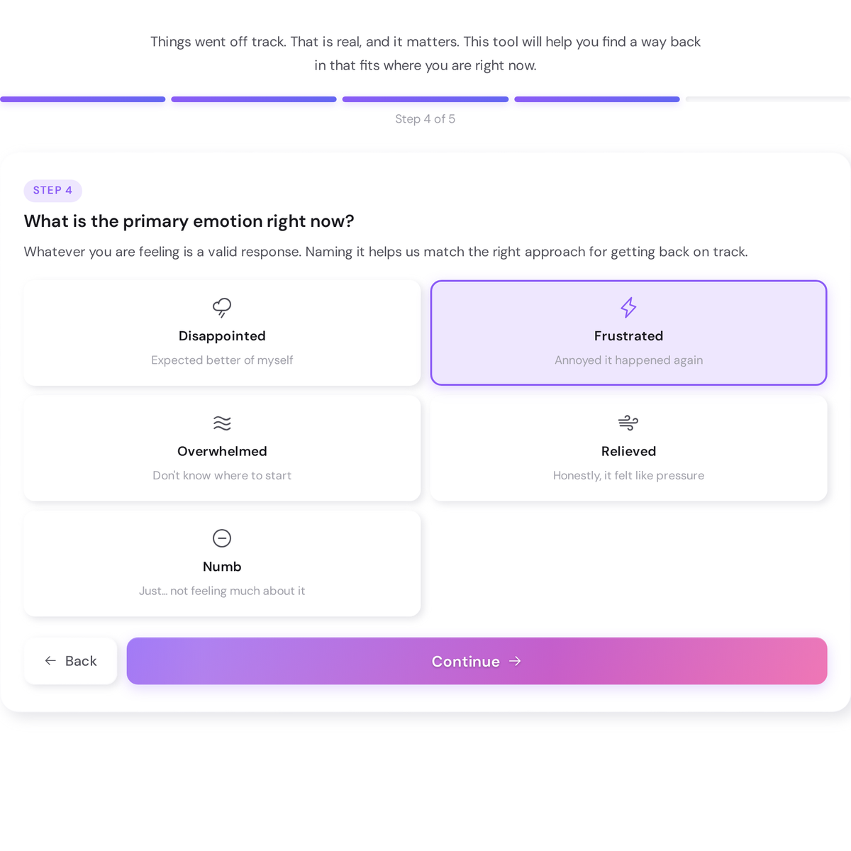 Free Recovery Planner - Restart After a Setback with a Realistic Plan 5 Recovery Planner results page showing adjusted timeline, 5-step re-entry protocol, what to tell yourself section, revised goal, and 48-hour re-entry card with specific actions