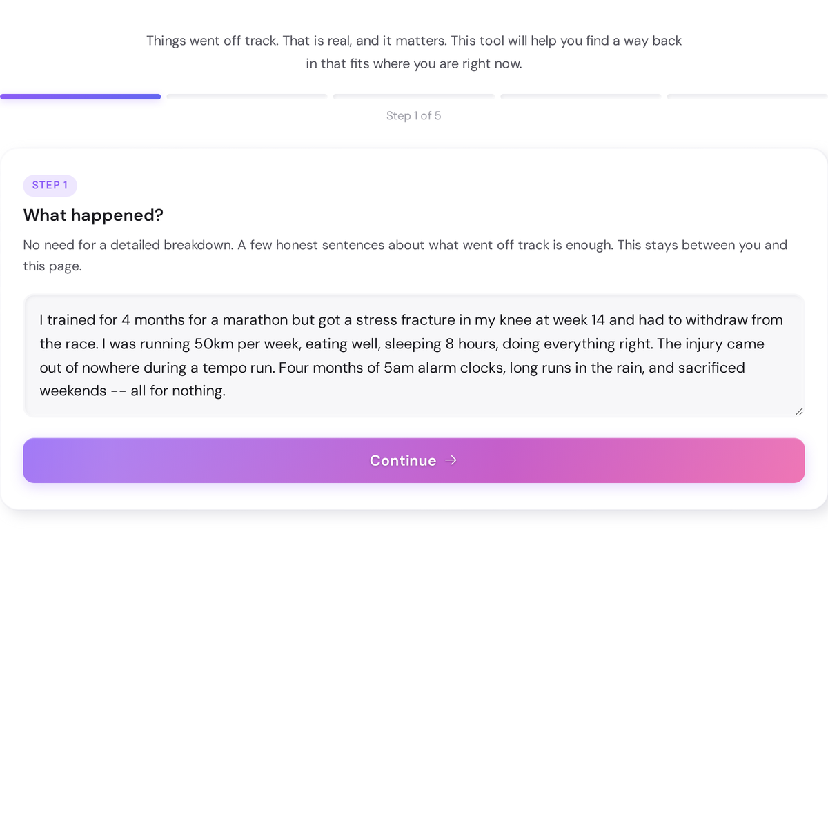 Free Recovery Planner - Restart After a Setback with a Realistic Plan 2 Recovery Planner step 1 filled in with a running injury setback: trained for 4 months for a marathon but sustained a stress fracture at week 14 and had to withdraw