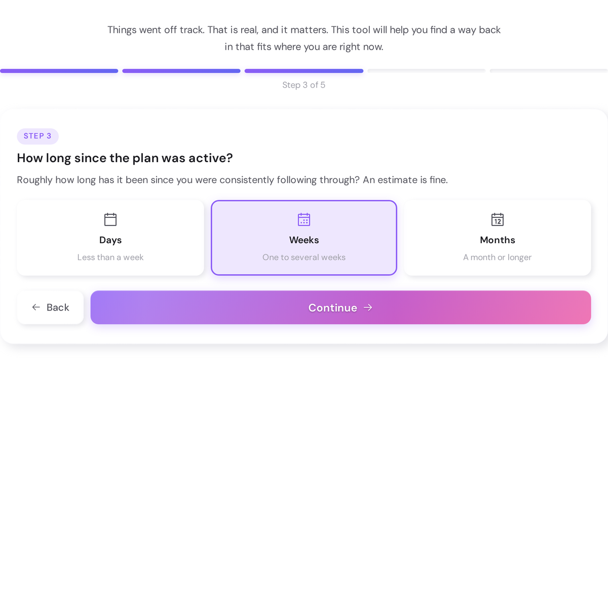 Free Recovery Planner - Restart After a Setback with a Realistic Plan 4 Recovery Planner step 5 showing the energy level selector with Low, Medium selected, and High. A Build My Recovery Plan button is ready to submit.