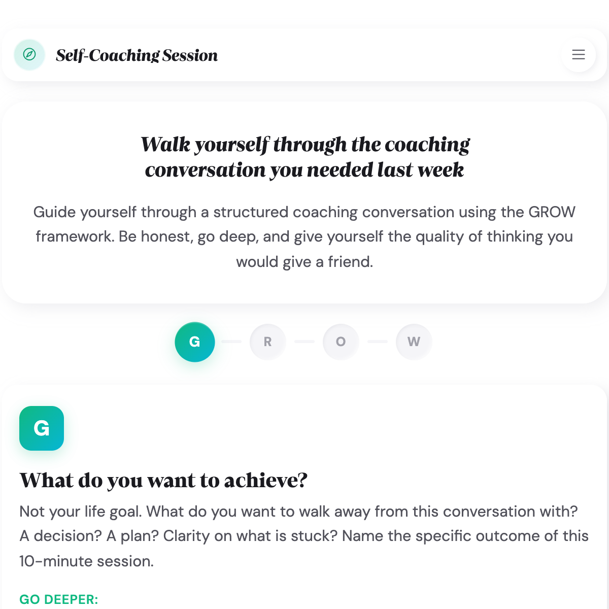 Goal stage of the Self-Coaching Session asking what specific outcome you want from this 10 minutes