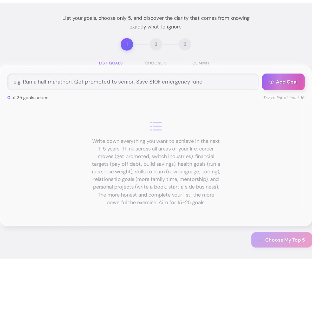 Free Warren Buffett Two-List Strategy - Focus on What Matters Most 1 Warren Buffett Two-List Eliminator showing the empty input screen with the goal entry field and step 1 of 3 progress indicator