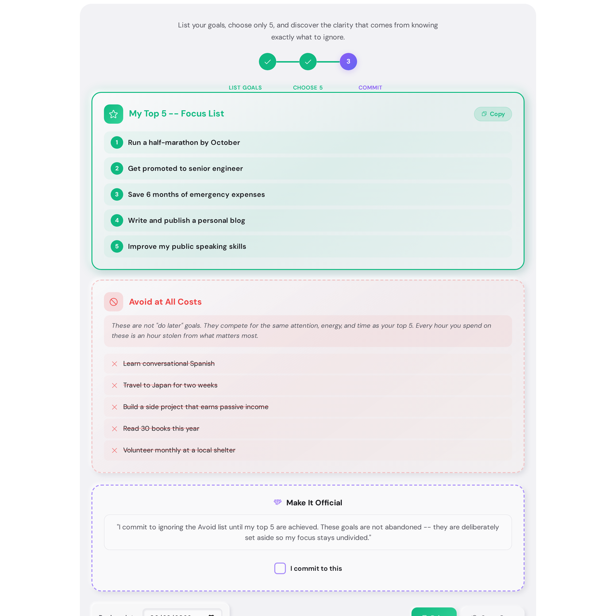 Free Warren Buffett Two-List Strategy - Focus on What Matters Most 5 Warren Buffett Two-List Eliminator results screen showing Focus 5 list in green and Avoid at All Costs list in red with a commitment checkbox and print button
