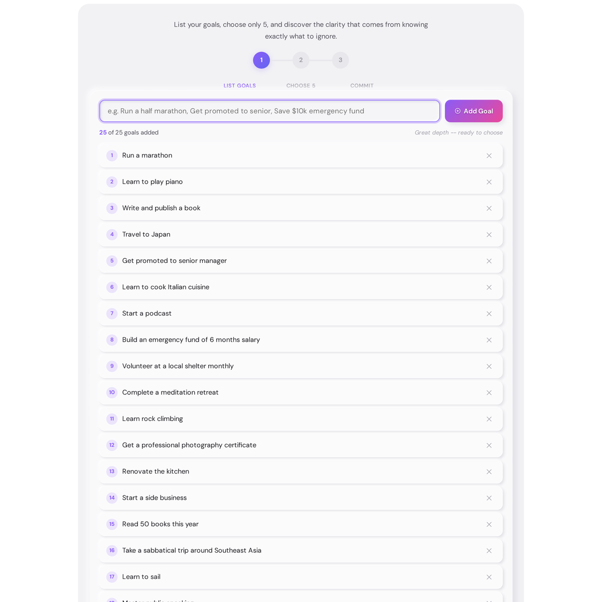 Free Warren Buffett Two-List Strategy - Focus on What Matters Most 3 Warren Buffett Two-List Eliminator in the selection stage showing the full goals list with checkboxes and a selection counter showing 0 of 5 chosen