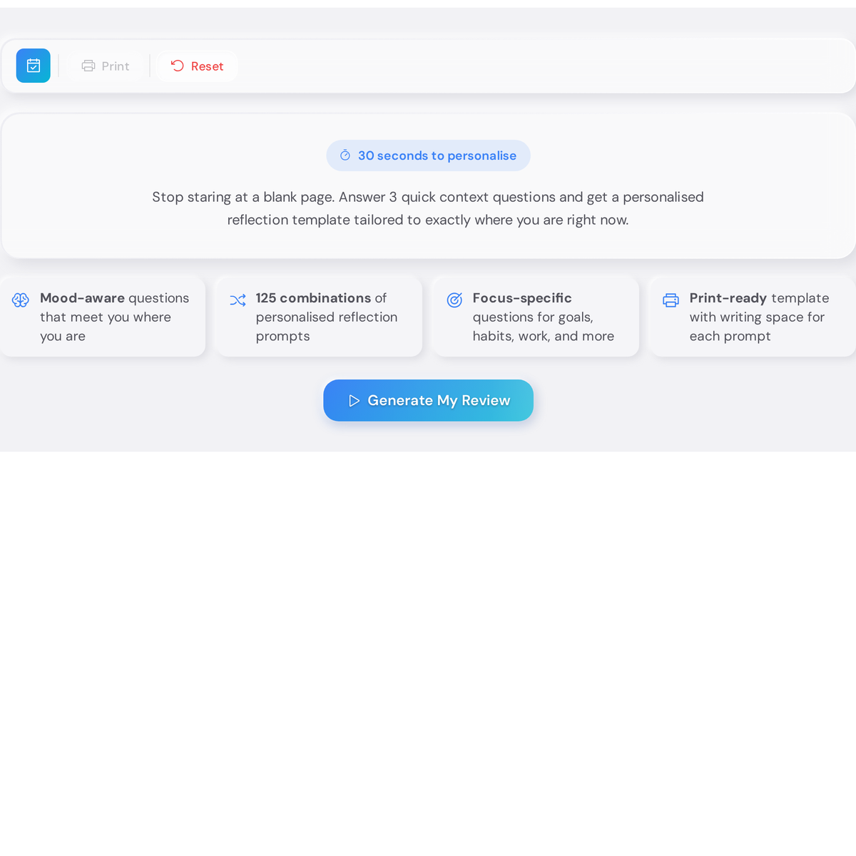 Weekly Review Prompt Generator initial state showing the mood, week type, and focus area selectors before any inputs are selected