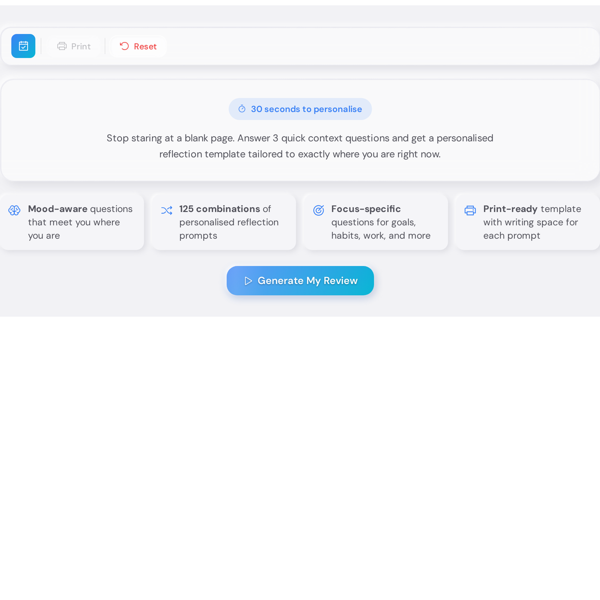 Weekly Review Prompt Generator structured review template showing Wins, Misses, Lessons, and Next Week Intentions sections with writing space