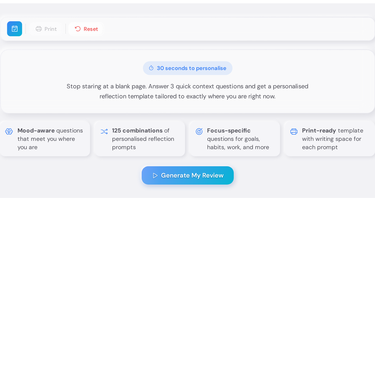 Weekly Review Prompt Generator showing a full set of personalised reflection questions after the user selected struggling mood, chaotic week type, and wellbeing focus