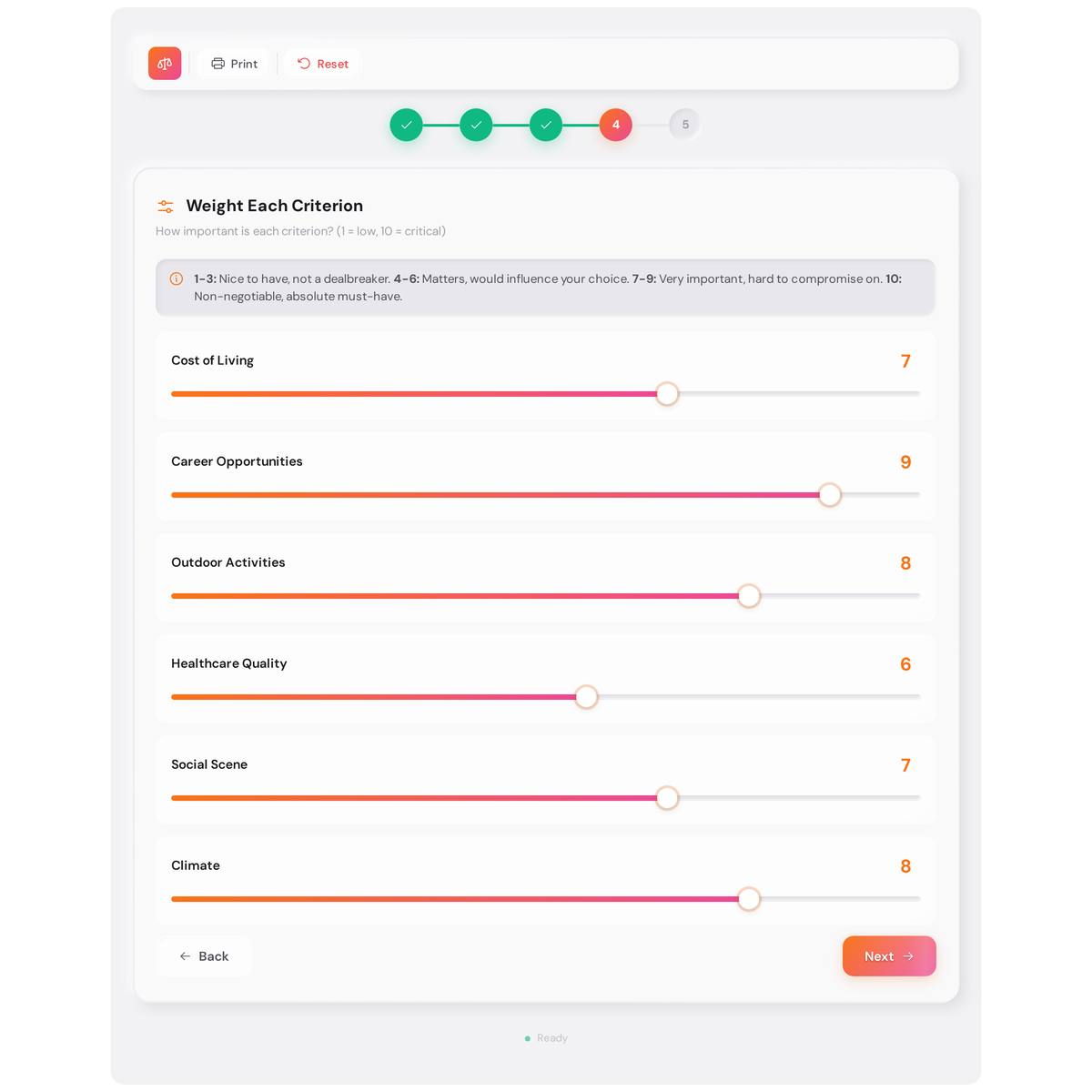Free Weighted Decision Matrix - Compare Options with Sensitivity Analysis 4 Weighted decision matrix step 4: drag sliders to assign importance weights from 1 to 10 for each criterion, with career opportunities weighted 9 and cost of living weighted 7