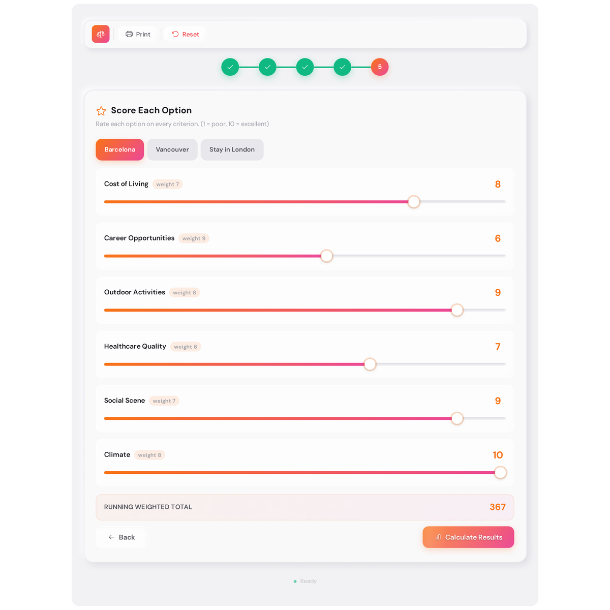 Free Weighted Decision Matrix - Compare Options with Sensitivity Analysis 5 Weighted decision matrix step 5: score Barcelona on each criterion using sliders, with a running weighted total of 367 visible at the bottom