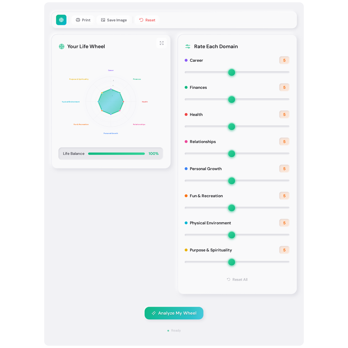 Free Wheel of Life Assessment - Interactive Radar Chart with Actionable Insights 1 Wheel of life assessment tool in its default state, showing all eight domains set to 5 with a symmetrical radar chart