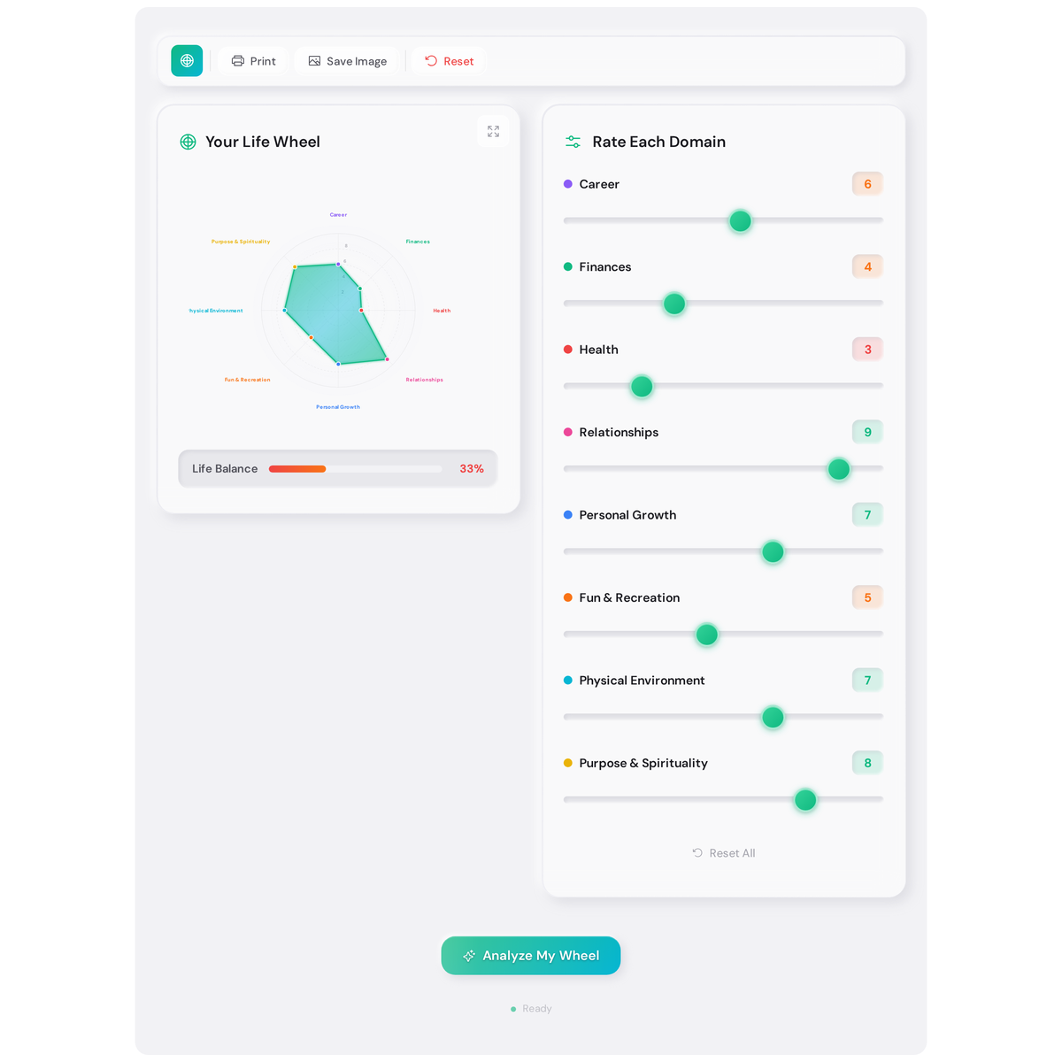 Free Wheel of Life Assessment - Interactive Radar Chart with Actionable Insights 2 Wheel of life assessment mid-scoring, with career at 8, finances at 4, health at 3, and relationships at 9, showing an irregular radar shape
