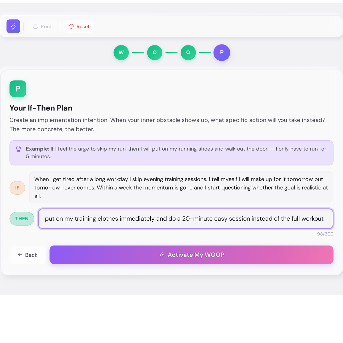 Free WOOP Goal Activator - Mental Contrasting Exercise Tool 5 Wish outcome obstacle plan tool showing the Plan step with an IF field auto-filled from the obstacle and a THEN field for the specific action