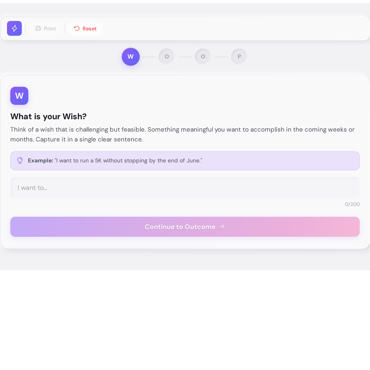 Free WOOP Goal Activator - Mental Contrasting Exercise Tool 1 WOOP goal setting tool showing the Wish input screen with an empty text field and a sample wish prompt