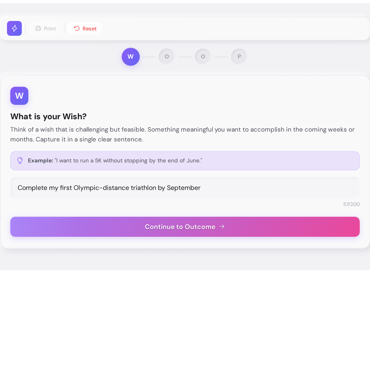 Free WOOP Goal Activator - Mental Contrasting Exercise Tool 2 WOOP method tool Wish step with a completed entry: Complete my first Olympic-distance triathlon by September