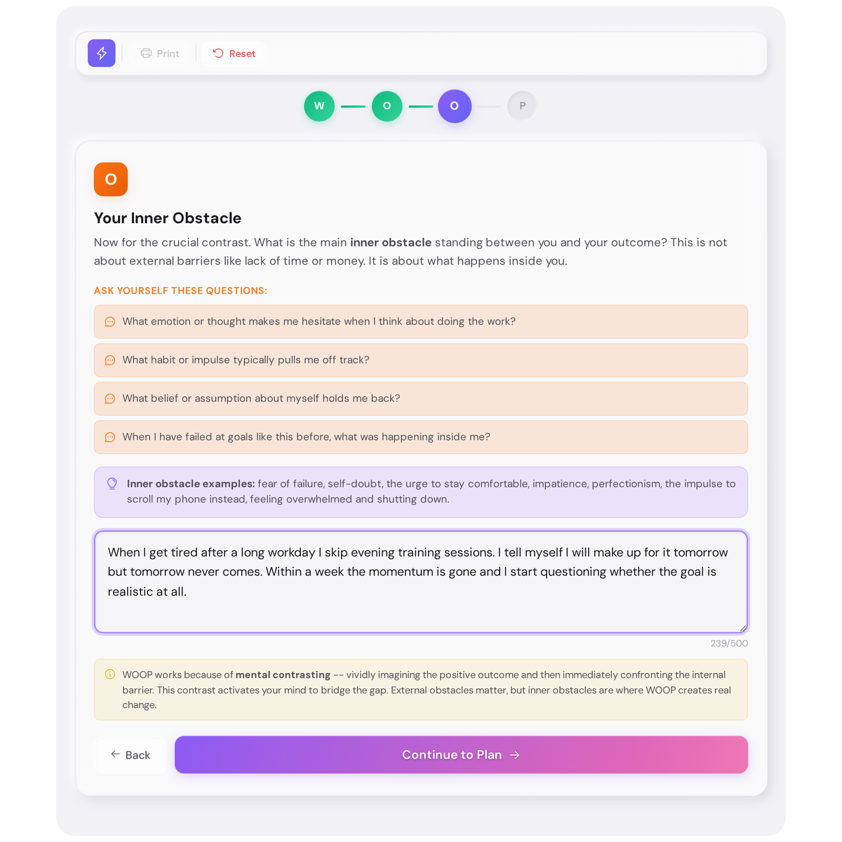 Free WOOP Goal Activator - Mental Contrasting Exercise Tool 4 WOOP technique obstacle screen showing guided prompts for identifying the internal barrier, with a filled example about skipping training sessions after work