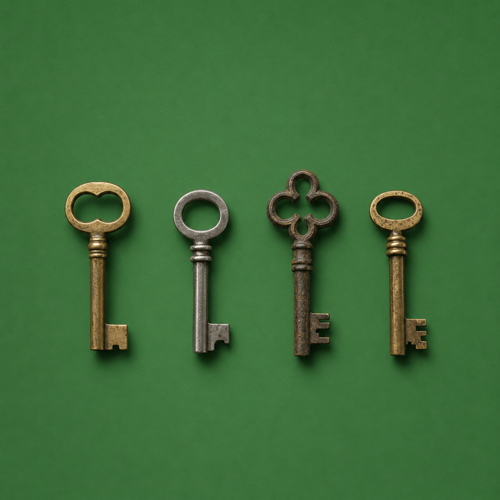 Free Accountability Type Quiz - single row of four different vintage keys laid out on a plain surface