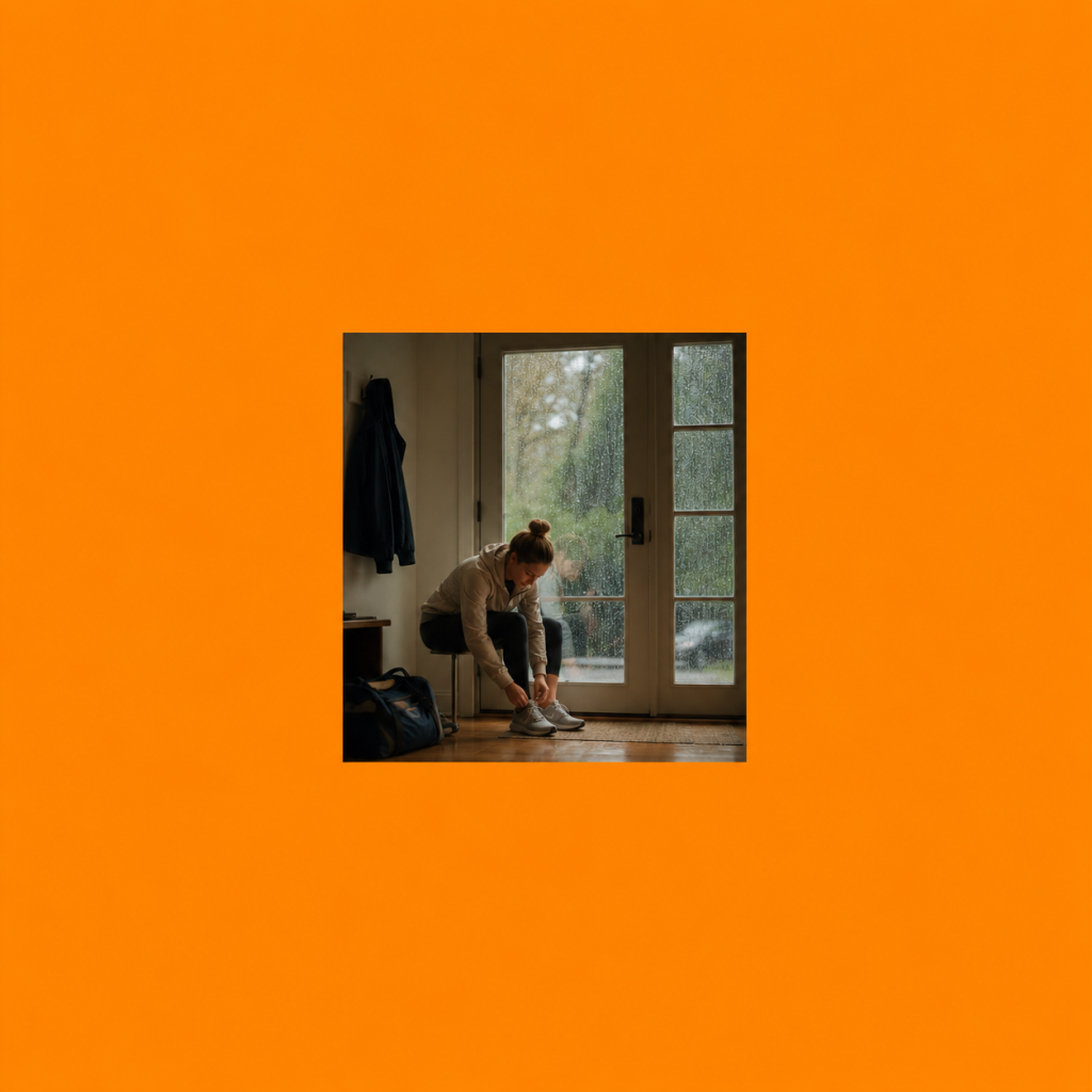 Akrasia: Why You Act Against Your Own Best Judgment (And What Helps) - person putting on running shoes by the front door while rain streaks the window