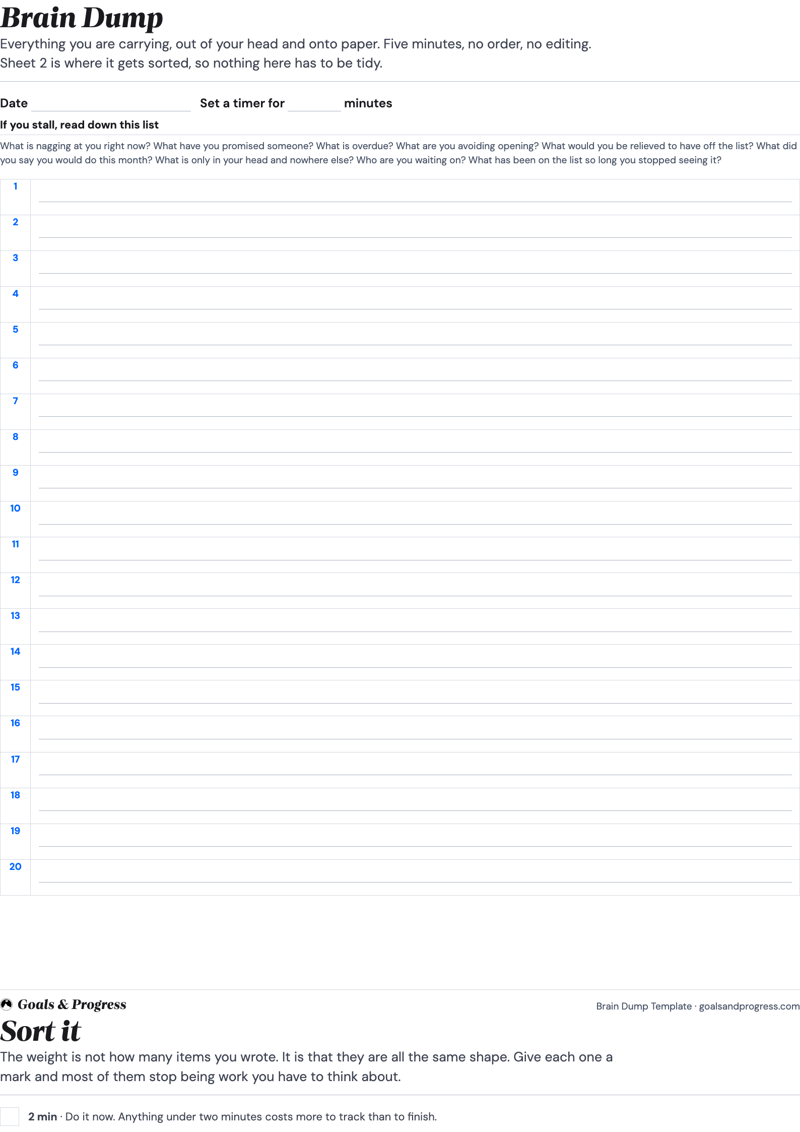 Brain dump template sheet one, with a line of unsticking prompts above twenty numbered writing rows