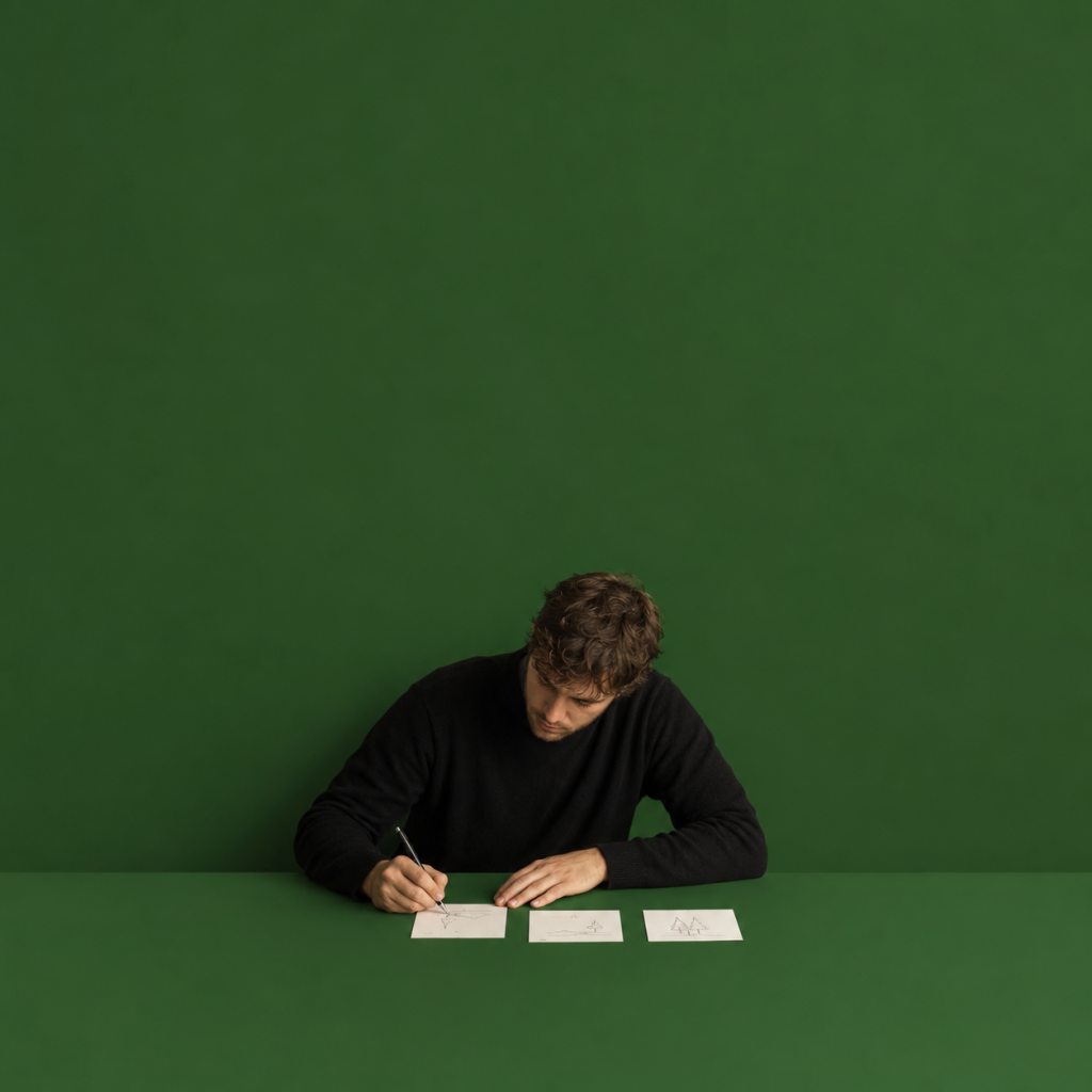 Brain Dump Template: Three Sheets to Empty Your Head and Sort It - person sketching three simple scenes on three separate index cards at a table