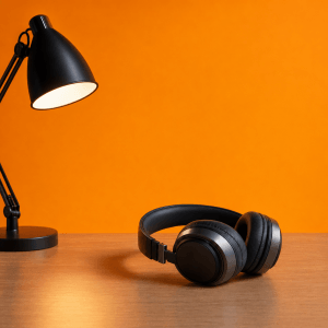 Deep work philosophies compared: which one actually fits your life - single pair of over-ear headphones on an empty wooden desk beside a lit desk lamp