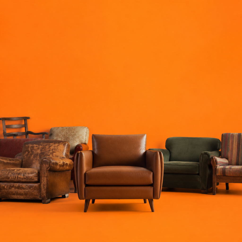 The Diderot Effect: How One Purchase Triggers Endless Upgrades - single new leather armchair beside a room full of mismatched worn furniture it does not match