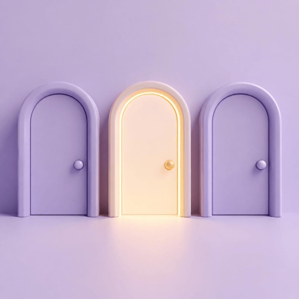Free Accountability Type Quiz - stylized 3D icon of three rounded doors, one glowing brighter than the others