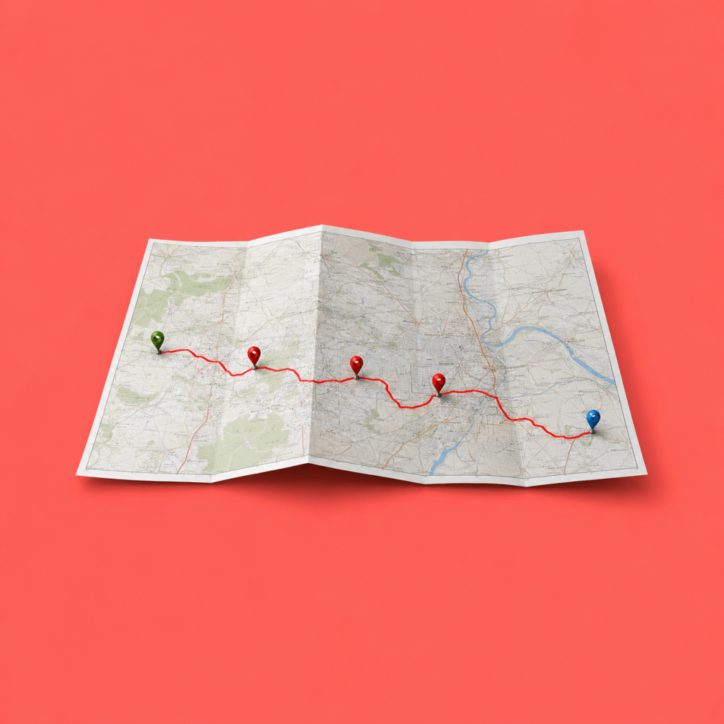 Goal Planning Template: Outcome Map + Friction Map - single road map with one route highlighted in color and obstacles marked with small pins