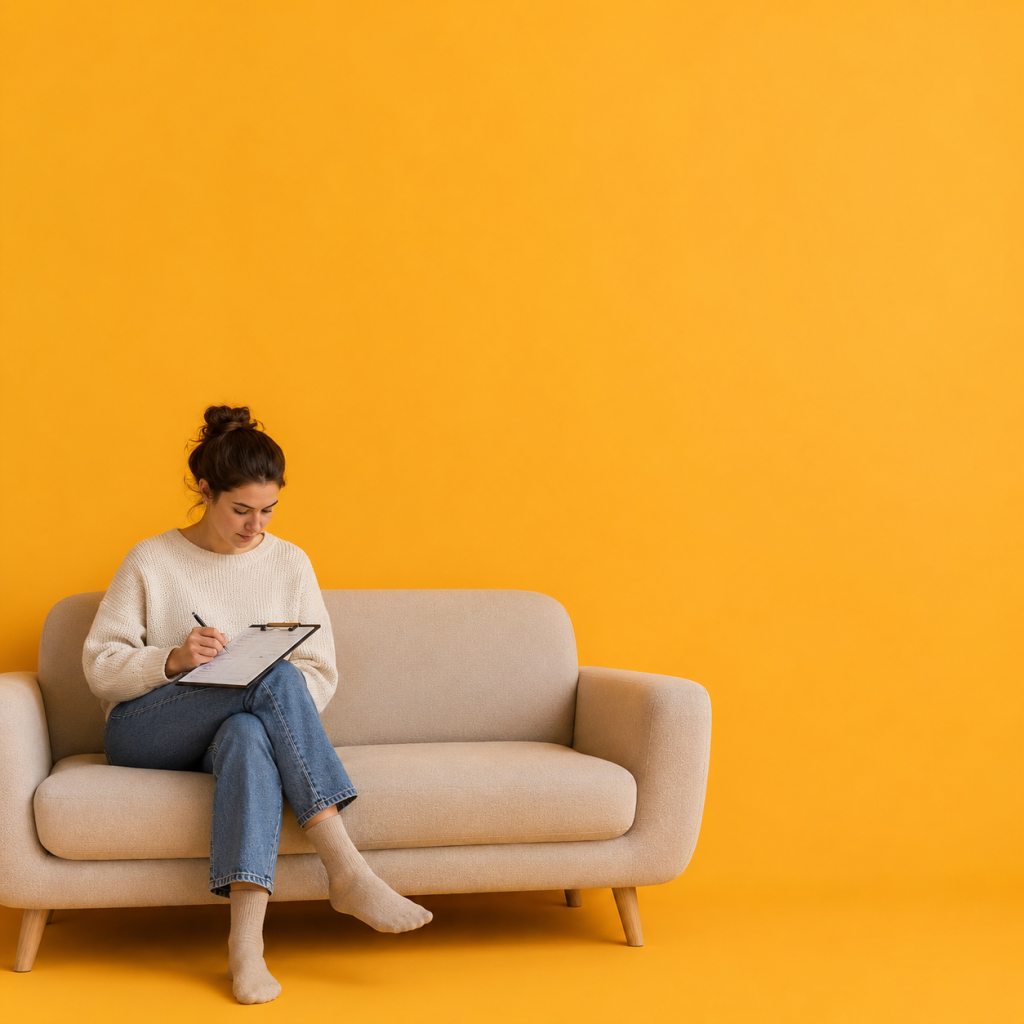 Habit Audit: Score the Habits You Already Have - person sitting on a sofa writing on a printed worksheet held on a clipboard