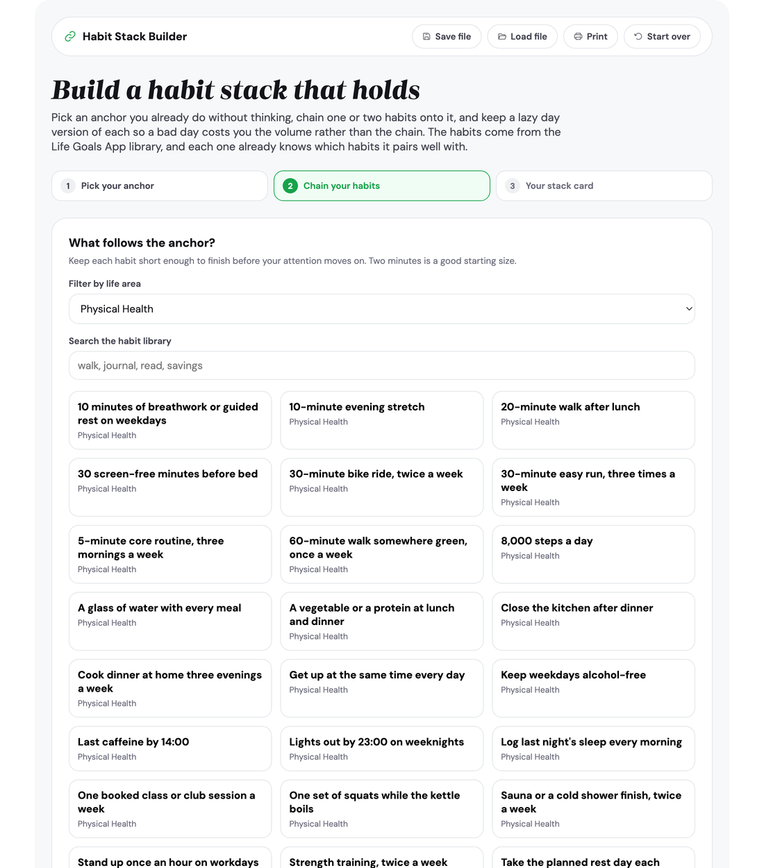 Step two: browsing the habit library filtered by life area, with habits that pair well with the stack shown first