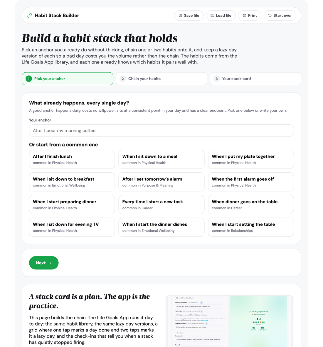 Step one of the Habit Stack Builder: choosing an anchor habit that already happens every day