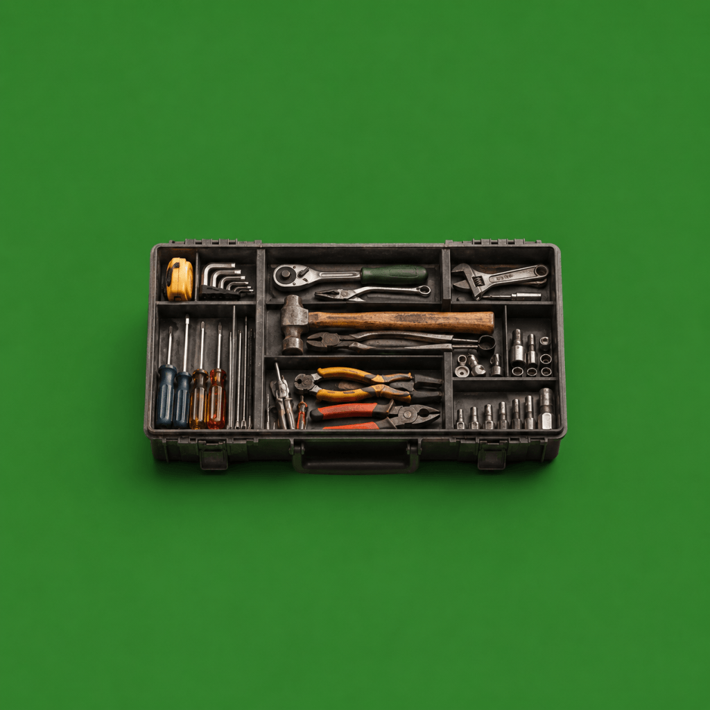 Free Interactive Tools: Quizzes, Builders, Trackers and Decision Coaches - single custom toolbox with mismatched tools from different sets fitted neatly inside