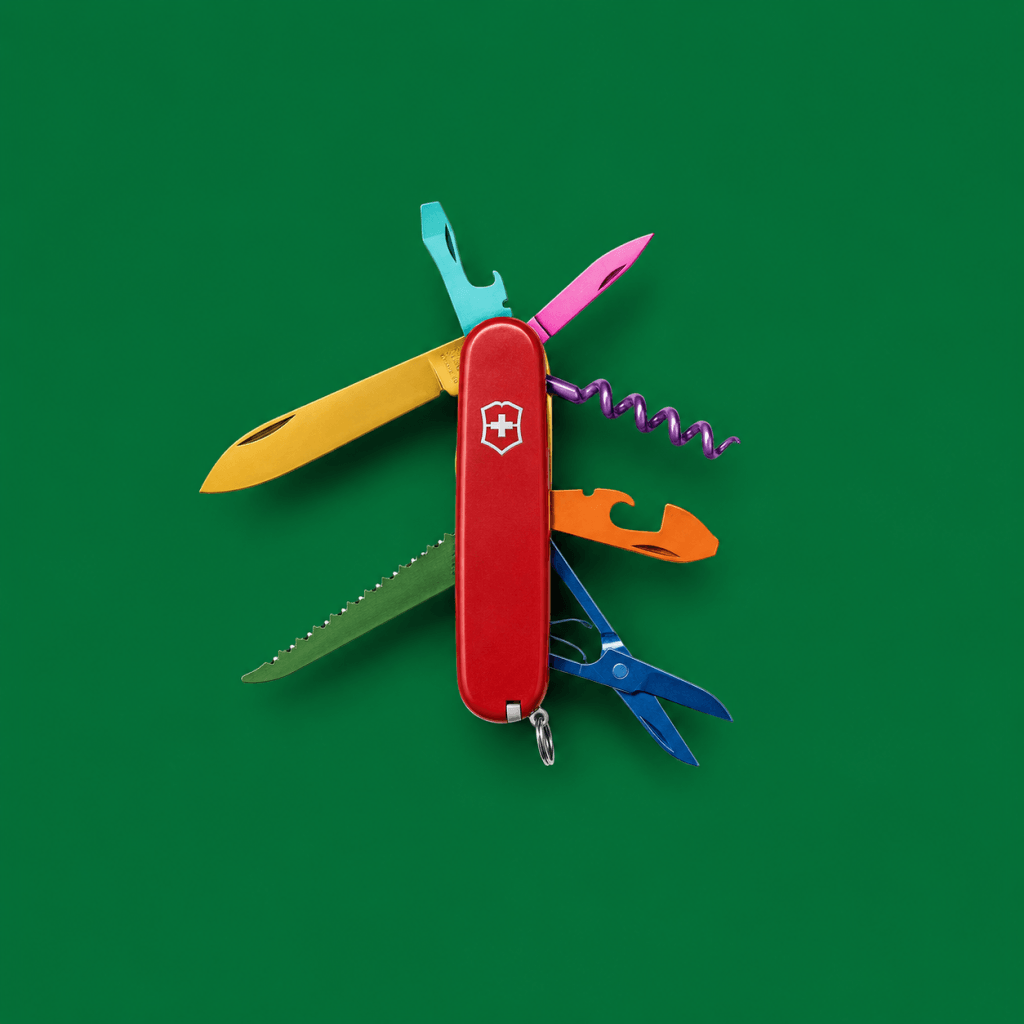 Free Interactive Tools: Quizzes, Builders, Trackers and Decision Coaches - single Swiss Army knife with tools fanned open, each a different color