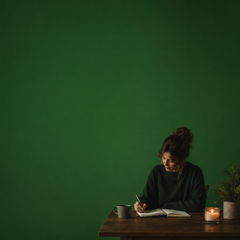 Letter to My Future Self: Seven Questions That Write It for You - person writing in a journal beside a lit candle at a year-end desk