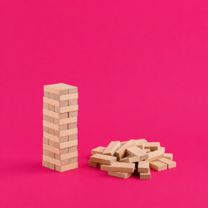 Life Goals Program vs Notion goals templates (2026) - single neatly assembled block tower standing beside a loose pile of identical blocks