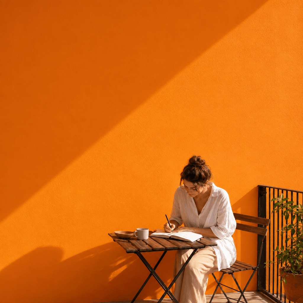 Life Plan Template (Free PDF): Your Year, One Page - person writing in a paper planner at a small balcony table in morning light