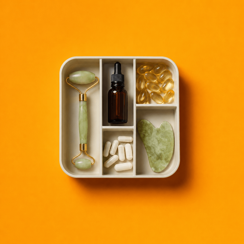 Building a personalized self-care system: design, not rules - single bento box with distinct compartments each holding a different small wellness item