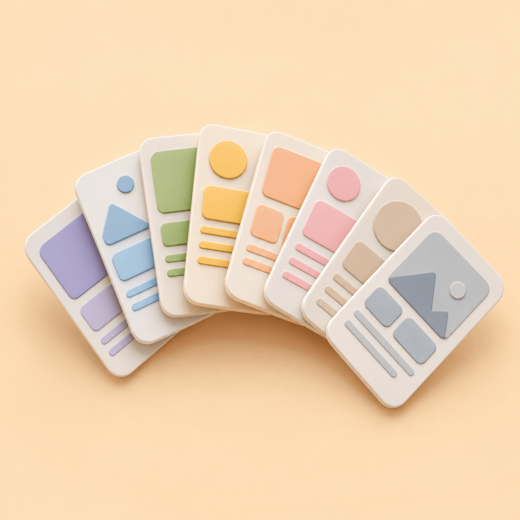 Planning templates and frameworks roundup: 8 that survive real life - stylized 3D icon of eight small rounded template cards fanned in an arc