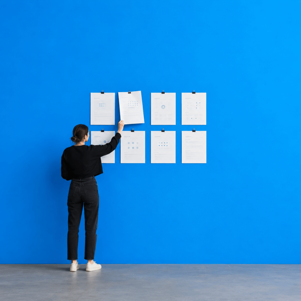 Printable Habit Tracker (Free PDF): One Month, One Page - person unclipping one worksheet from a wall of eight pinned printouts