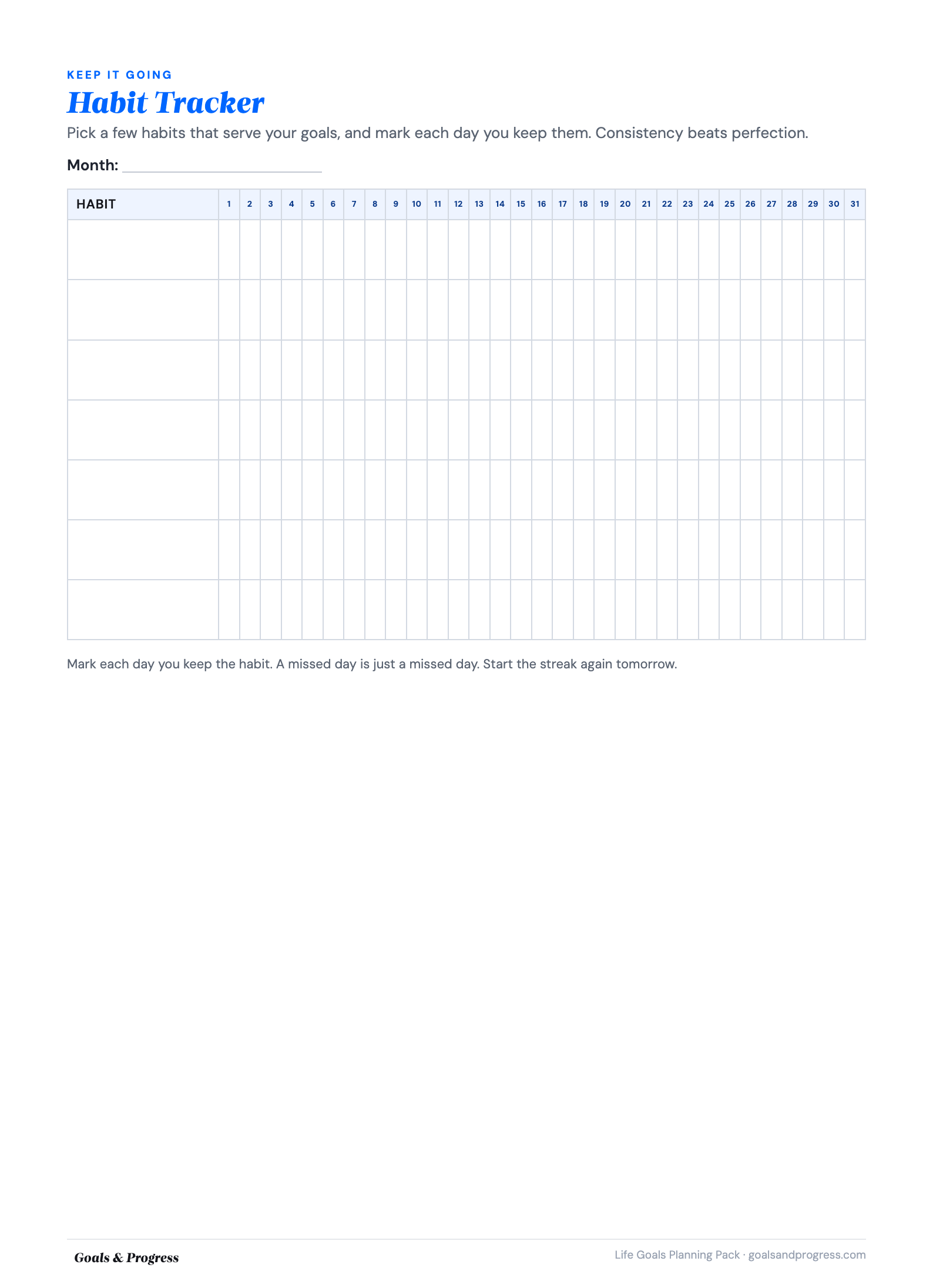 Printable habit tracker sheet with habit definition blocks at the top and a month grid of day columns underneath