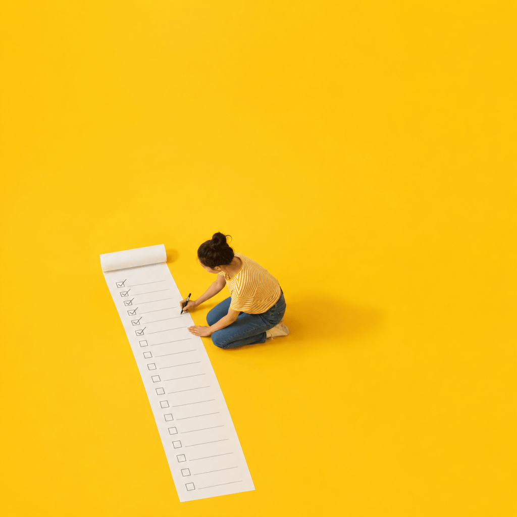 Productivity guide: the ten-domain system for lasting output - person crossing an item off a long checklist with a pen