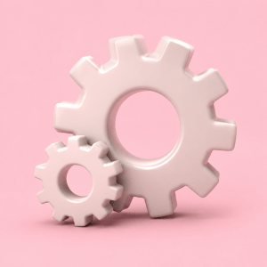 Productivity guide: the ten-domain system for lasting output - stylized 3D icon of a small gear turning a much larger gear behind it