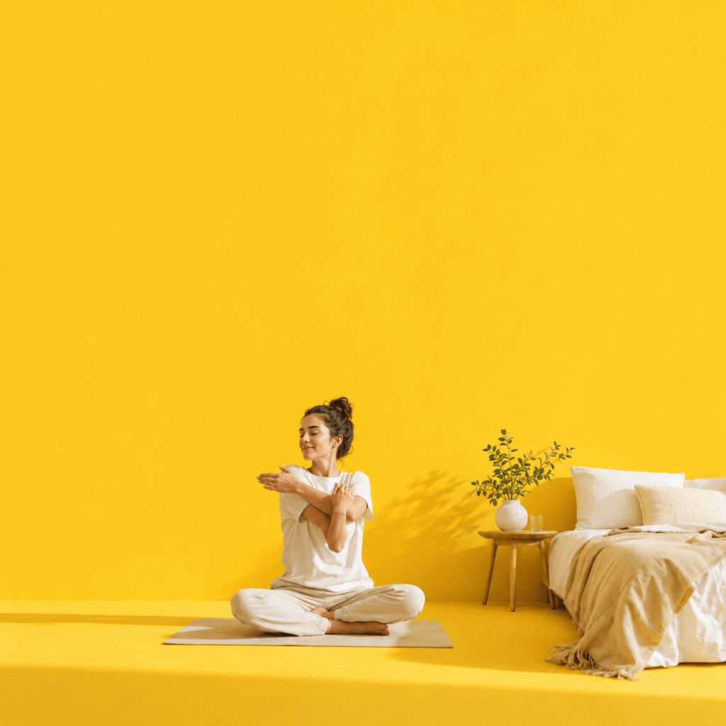 Building self-care routine: start small and compound - person doing gentle morning stretches on a mat beside a bed