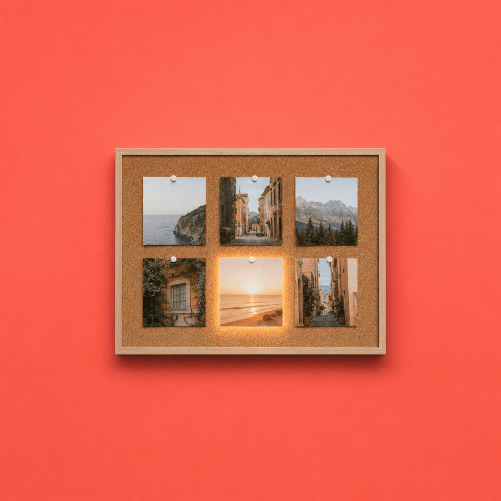 Vision Board: What the Science Actually Says - single corkboard with photographs pinned in a neat grid, one photo glowing softly