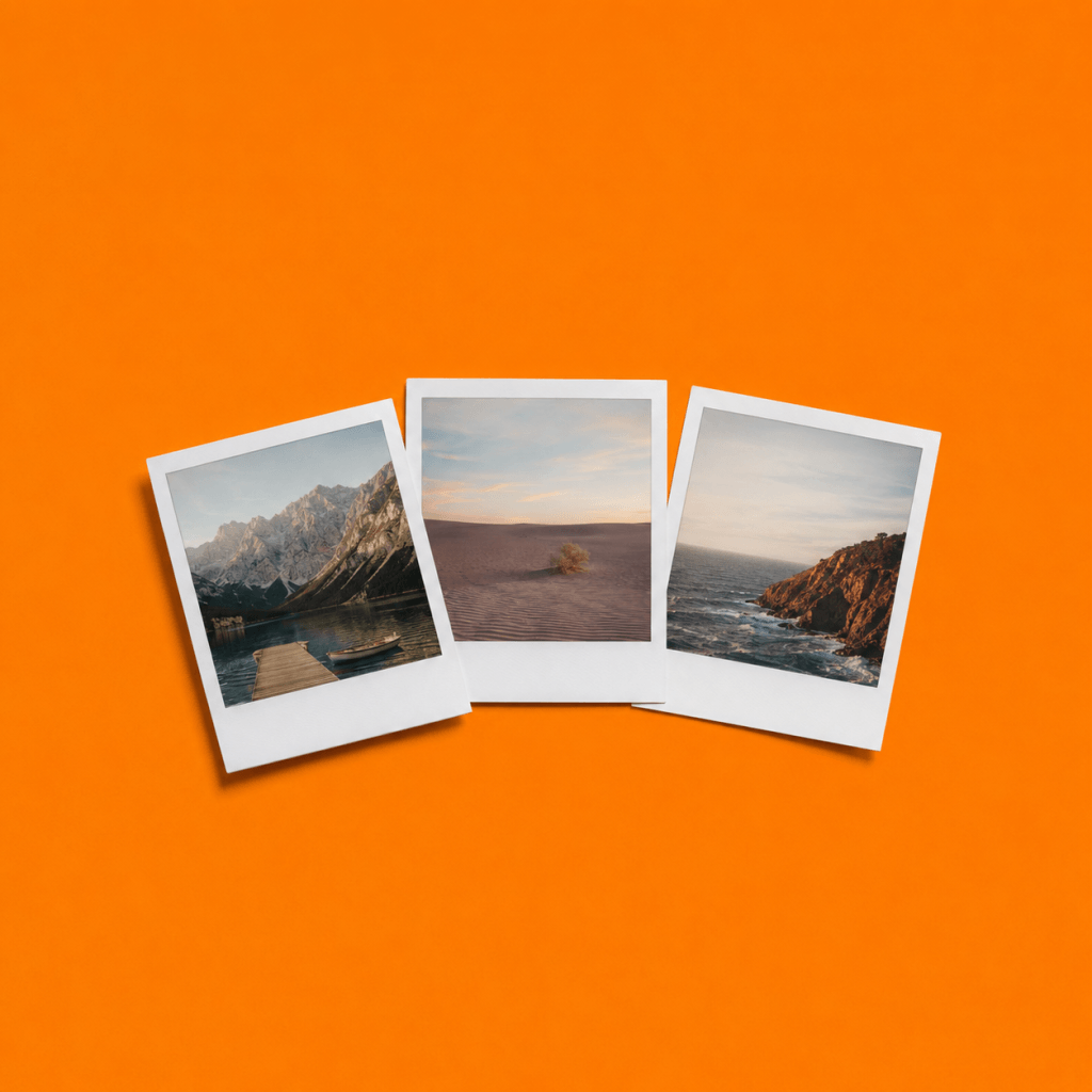 Vision Board: What the Science Actually Says - single desk with three polaroid photographs laid out showing three different landscapes