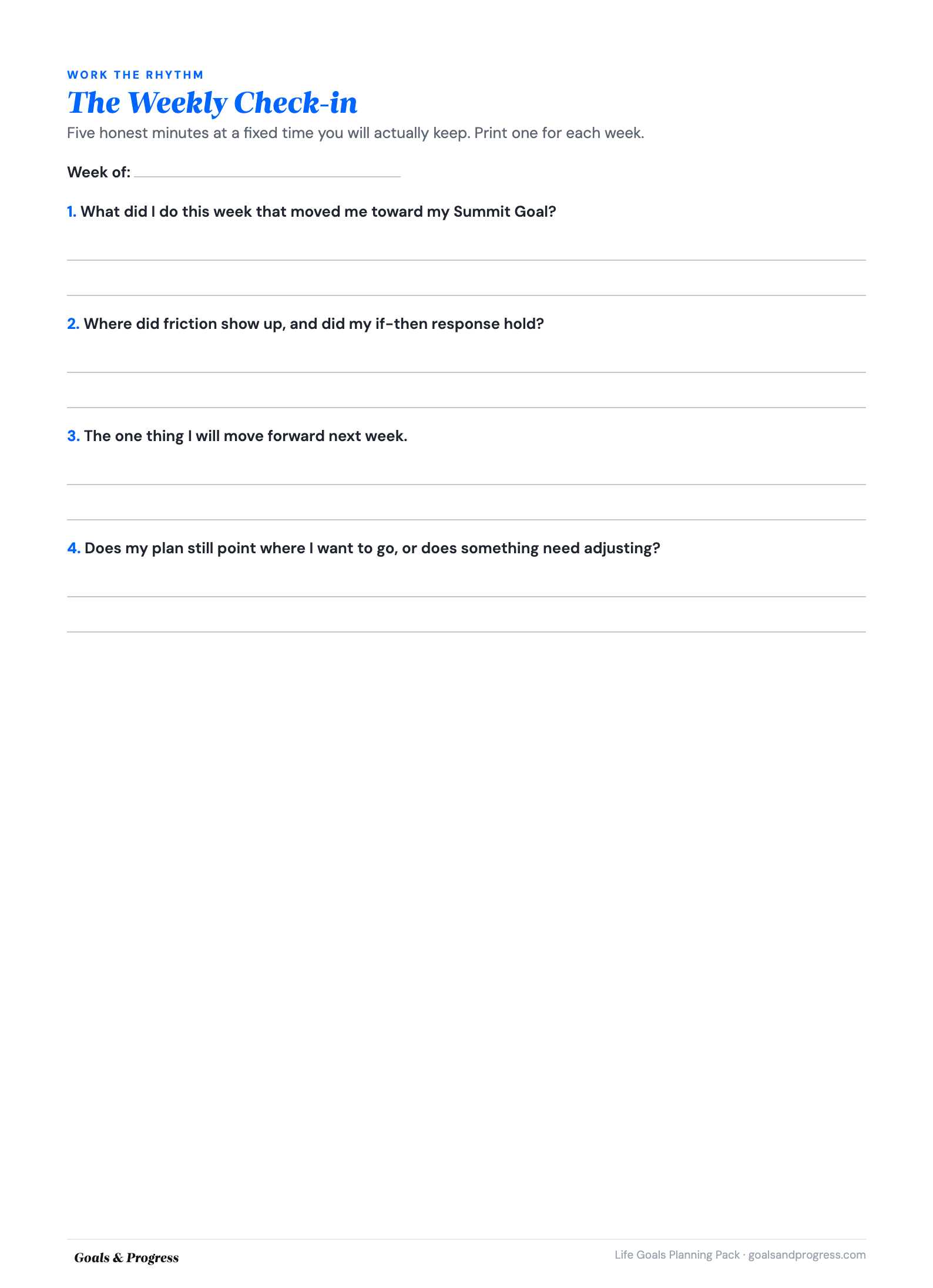 Weekly review template sheet with a week-of line and four numbered prompts, each with two writing lines