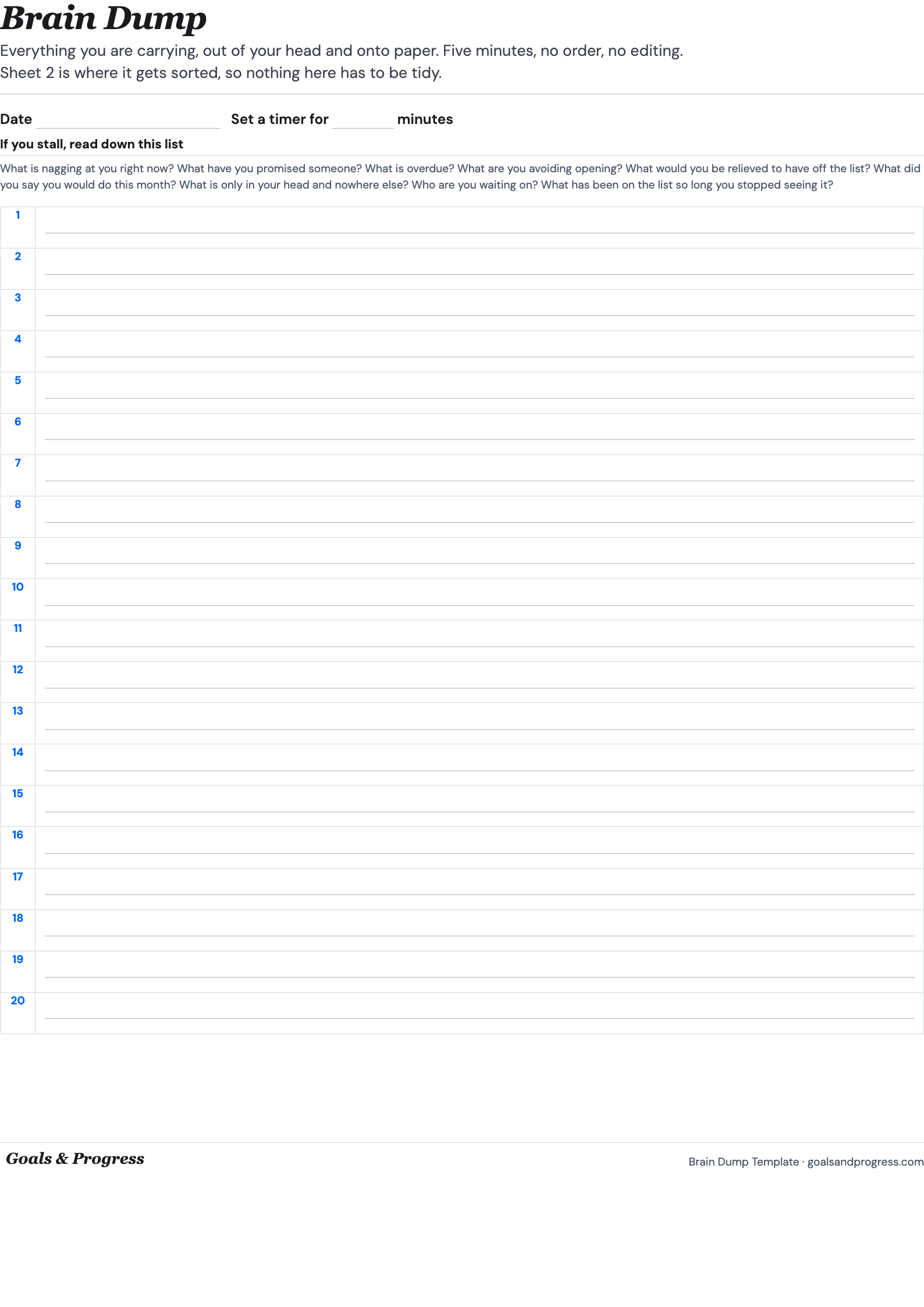 Free Goal Setting Worksheets and Printables (PDF, A4 and Letter) 7 Printable brain dump worksheet with three sheets to empty and sort your head