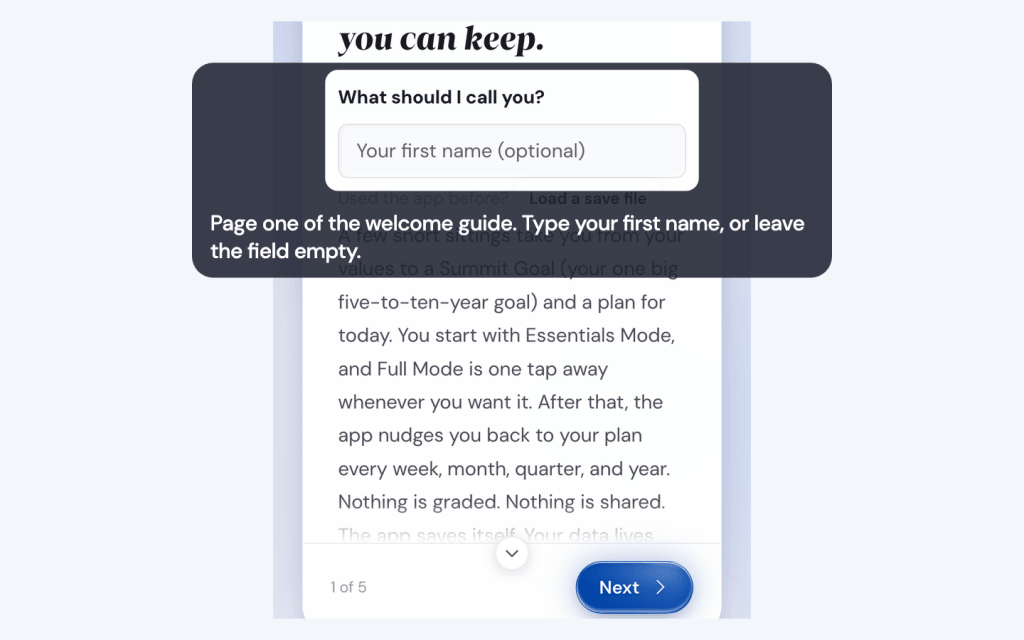 The name field in the welcome guide. Type your first name, or leave it empty.