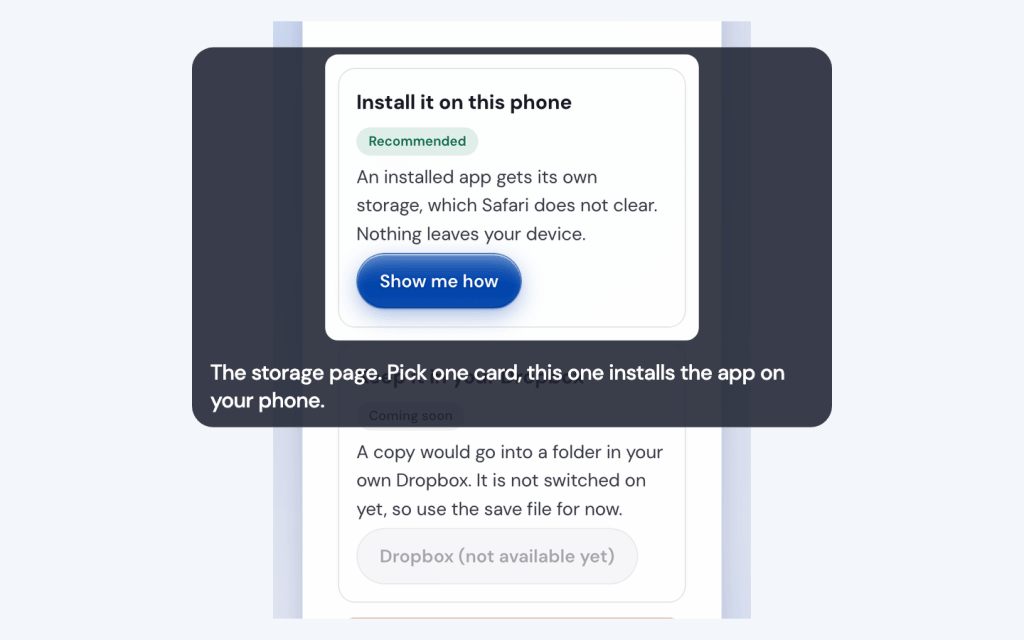 The storage page. Pick one card, this one installs the app on your phone.